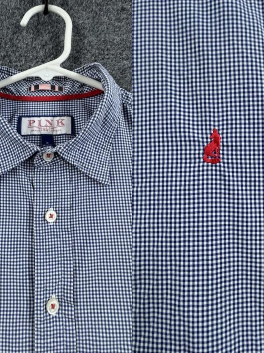 Thomas Pink Blue Cotton Button-Down Check Fox Logo Medium Shirt England 2010